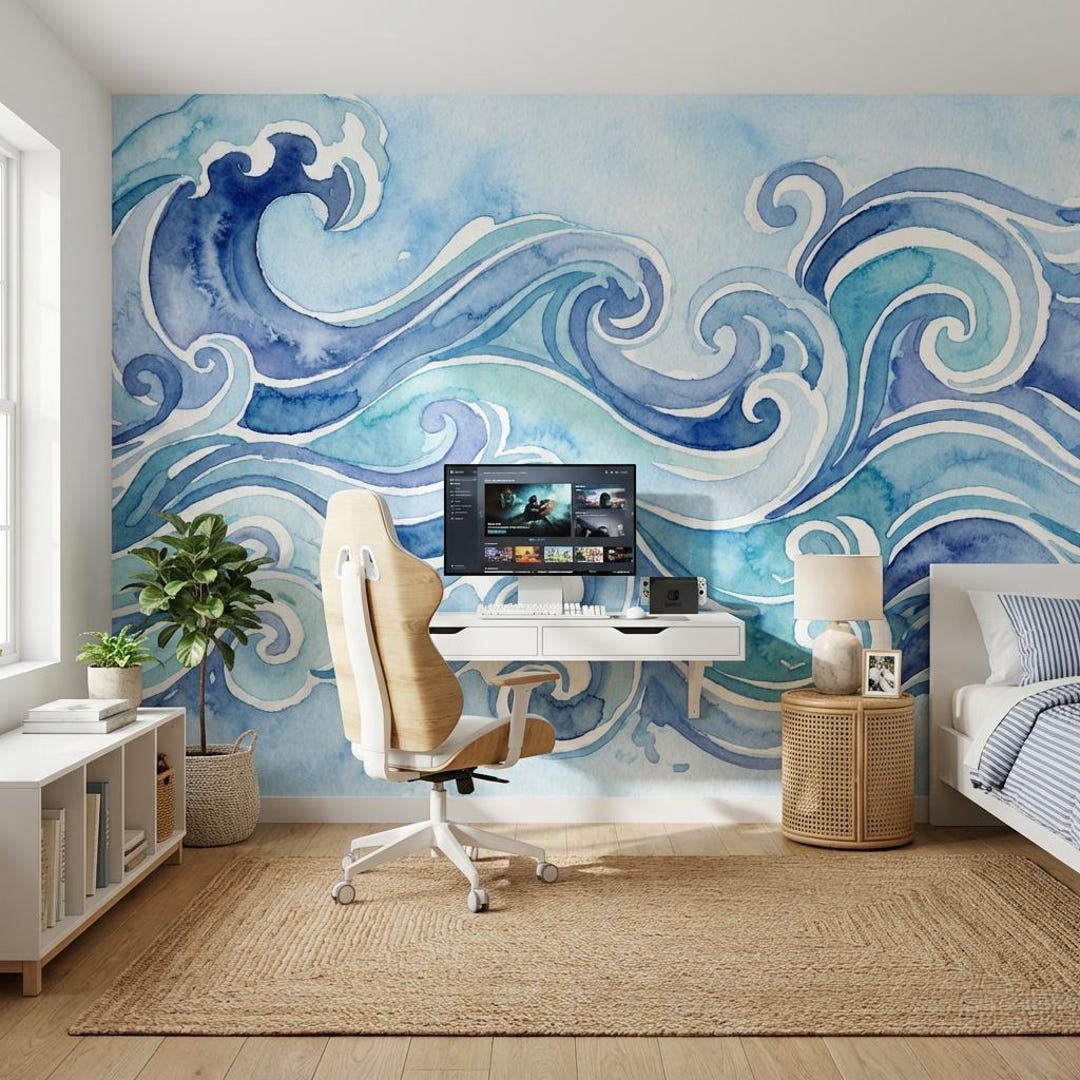Ocean Waves Wallpaper Watercolor Peel and Stick Modern Wall Decor - Etsy