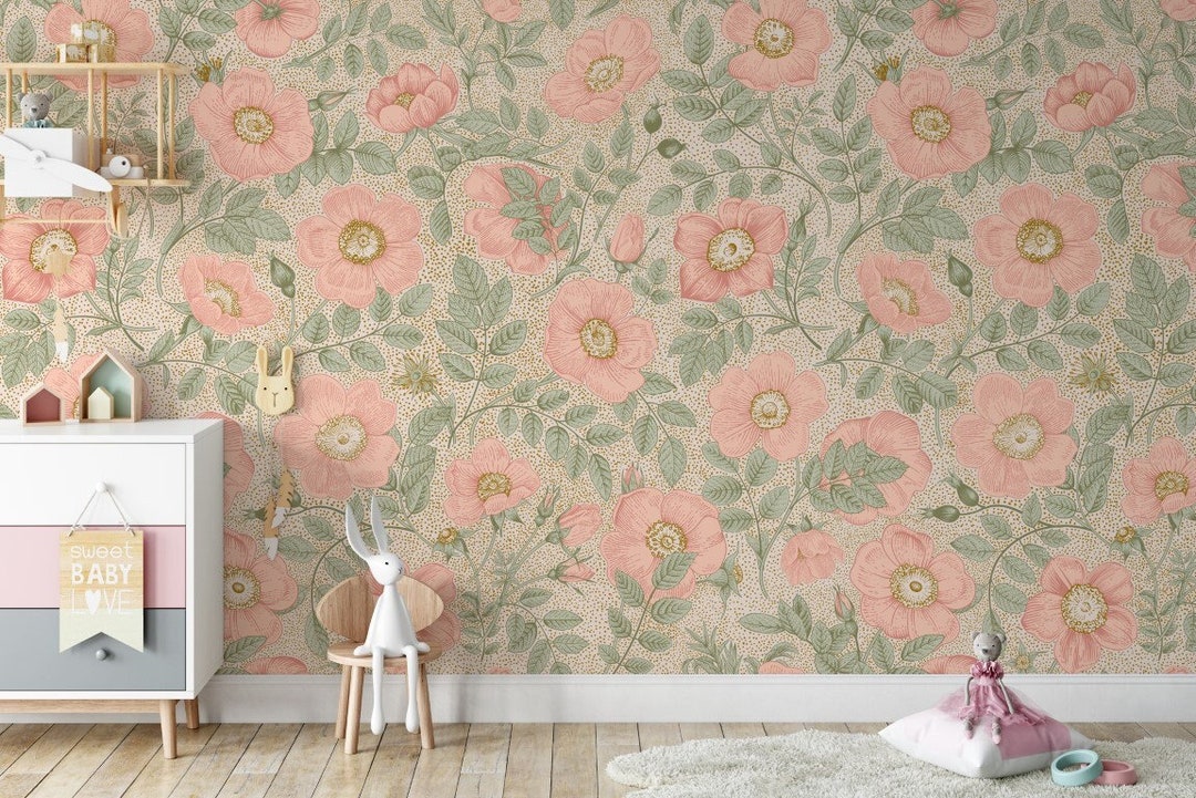 Floral Wallpaper Pink and Green Wall Mural Leaves Peel and Stick - Etsy