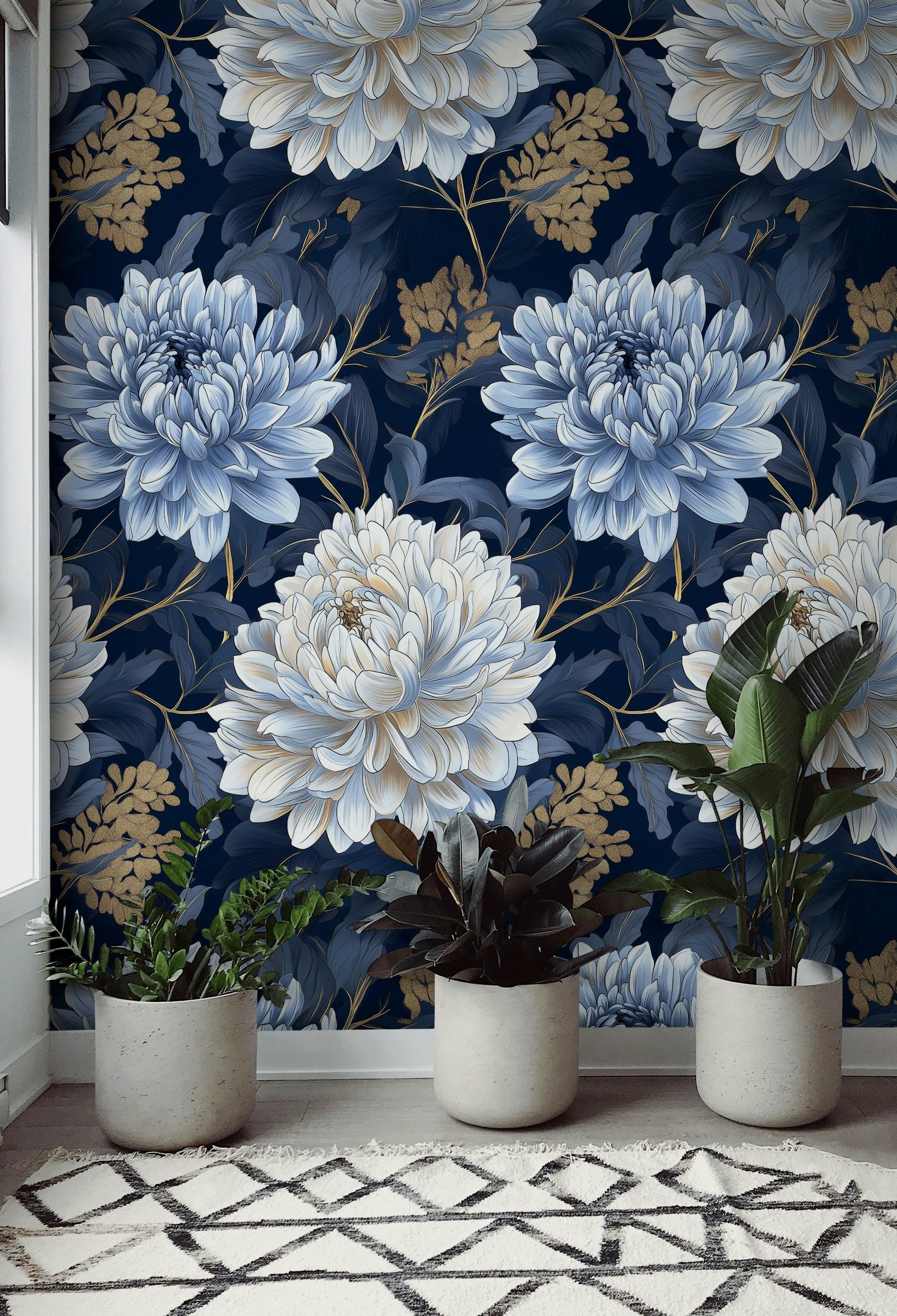 Elegant Blue Floral Wallpaper Wall Mural Luxury Removable Peel & Stick ...