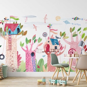 Kids Room Wallpaper Watercolor Wall Mural Tree Peel and Stick Background