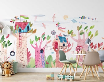 Kids Room Wallpaper Watercolor Wall Mural Tree Peel and Stick Background
