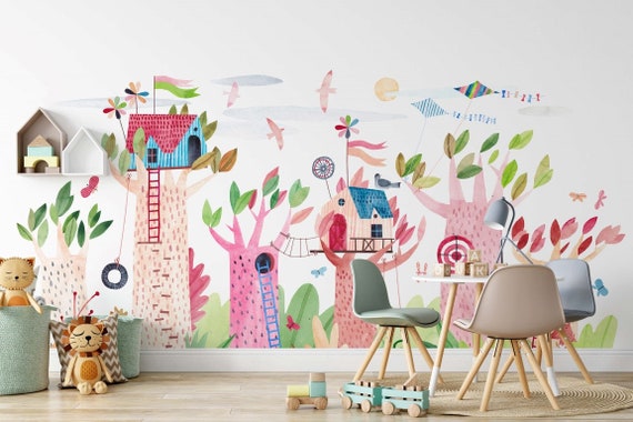 Colorful Tree House Designed Peel and Stick Children Wallpaper - Etsy
