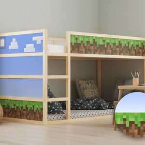 May include: A wooden bunk bed with a Minecraft-themed design. The headboard and footboard are decorated with a pixelated image of grass, dirt, and clouds. The bed is made of natural wood and has a white mattress.