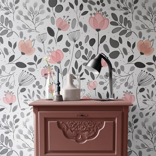 Whimsy Pink Wallpaper Peel and Stick Gray Flowers Wall Mural for Nursery