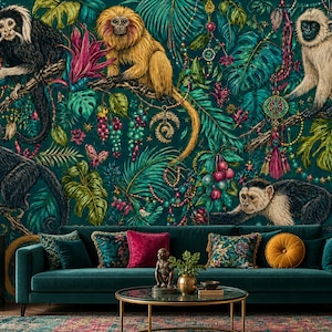 May include: A dark green wallpaper mural featuring a dense jungle scene with various monkeys, tropical leaves, colorful flowers, hanging beaded ornaments, and two decorative tribal masks integrated into the lush, vibrant botanical pattern.