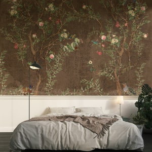 Blumen-Tapete Chinoiserie-Wanddekor-brauner Hintergrund PVC-Freier, nicht geklebter Wandbild-Blumenwandkunst