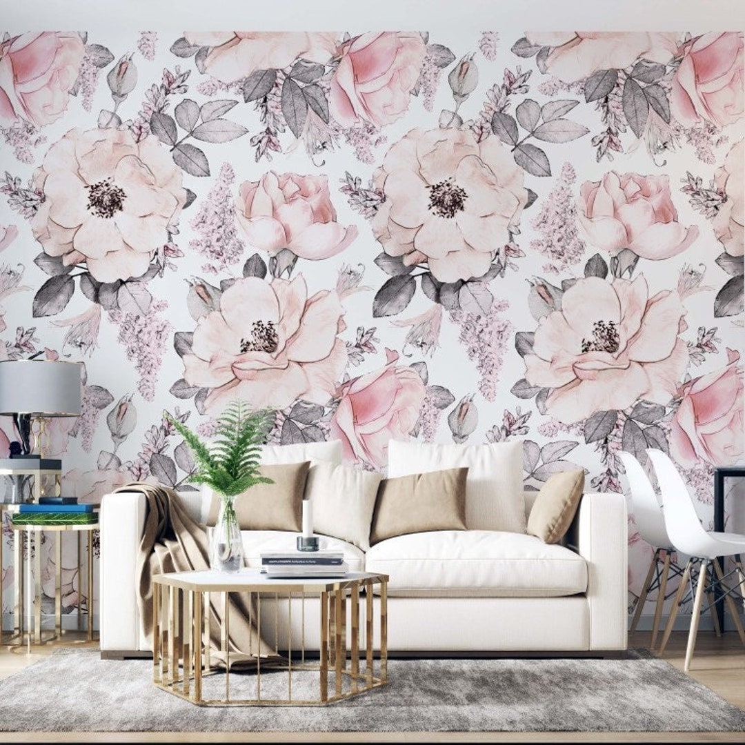 Pink Rose Wallpaper Peony Wall Mural Watercolor Peel and Stick - Etsy