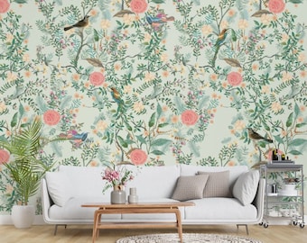 Mural de pared de estilo chinoiserie con flores y pájaros sobre fondo verde / Papel pintado floral moderno chino removible