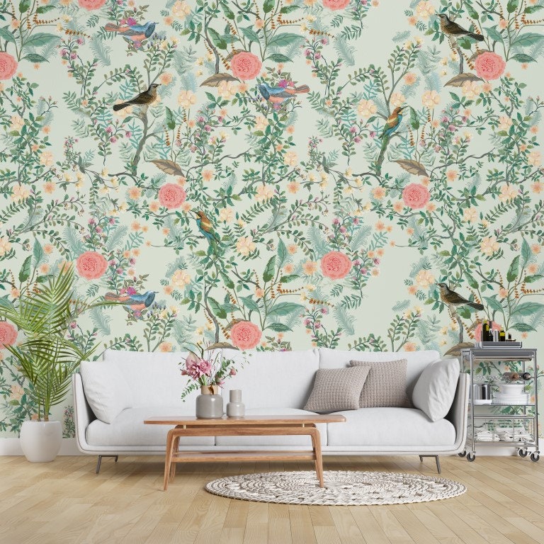 Traditional Flowers and Bird Chinoiserie Wall Mural on Green - Etsy