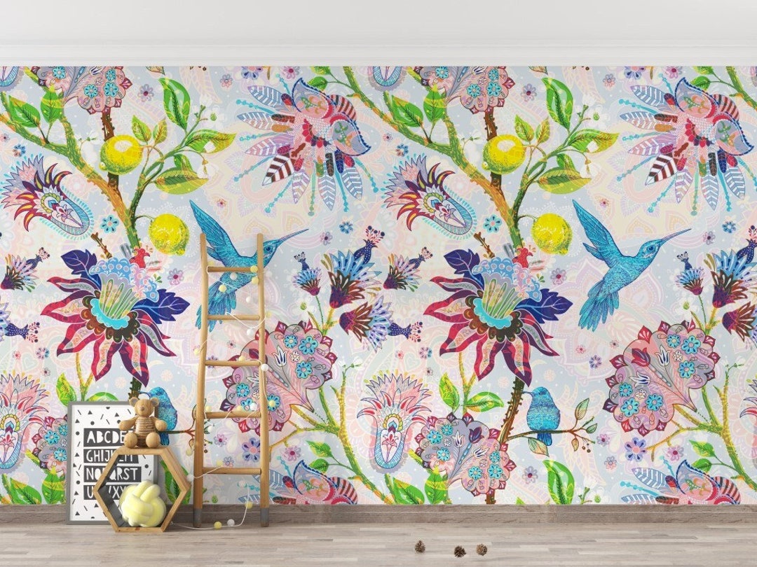 Tropical Birds Wallpaper Colorful Wall Mural Floral Wall Art Lemon Peel ...