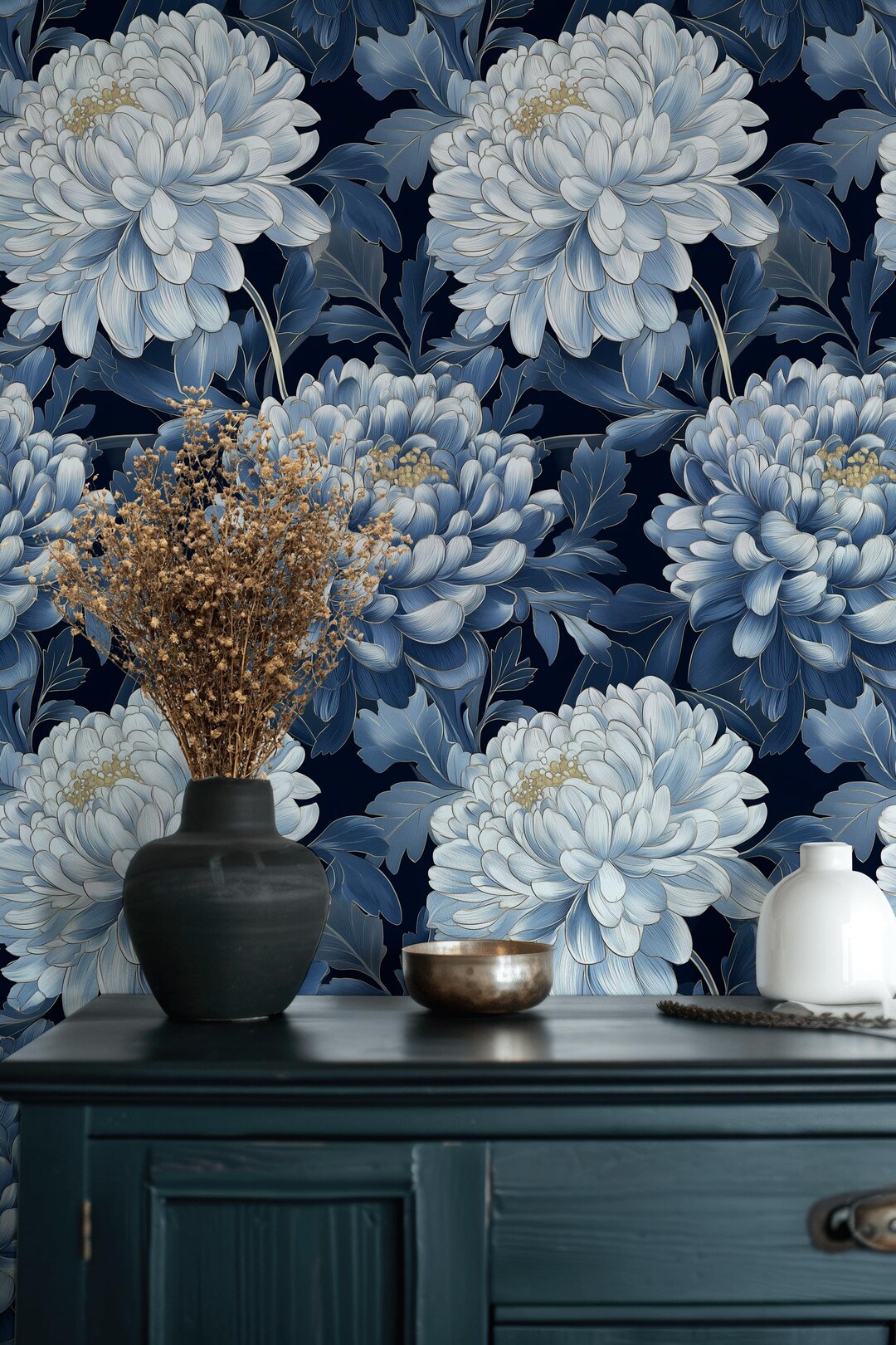 Blue Floral Wallpaper | Elegant Navy Wall Mural - Etsy