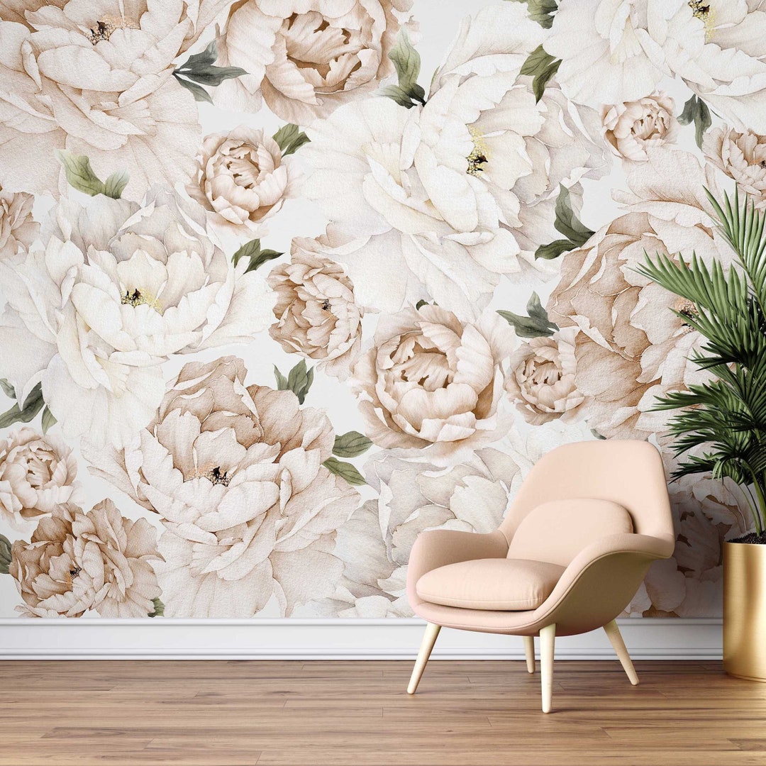 Floral Wallpaper Cream Wall Mural Peony Peel and Stick - Etsy
