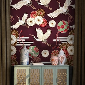 Crane Bird Wallpaper Red Background Peel and Stick Japanese Wall Mural