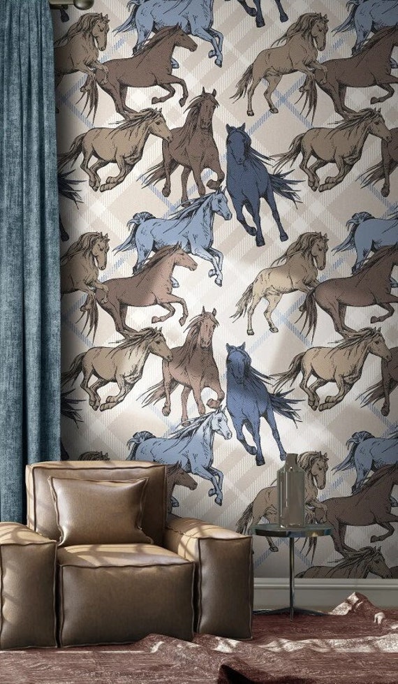 Runnig Horsers Wallpaper Horse Wall Mural Beige Background Peel and Stick