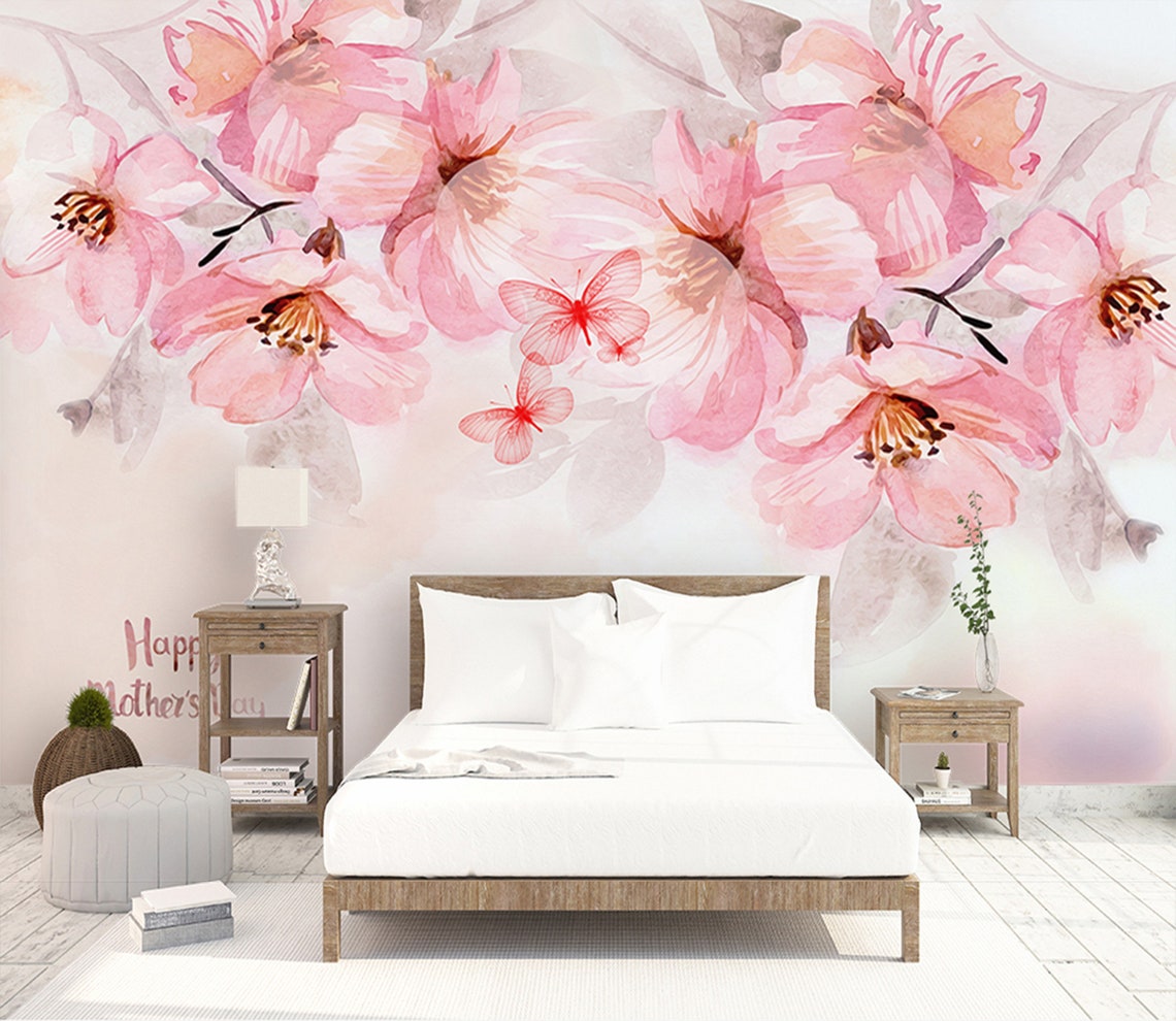 Cherry Blossom Wallpaper Pink Flower Wall Mural Watercolor Peel and ...