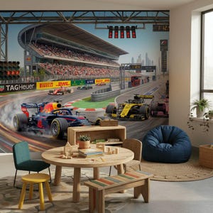 May include: A vibrant mural depicts a Formula 1 race in progress, with cars speeding around a track. The scene includes a grandstand filled with spectators, a timing display, and the TAG Heuer logo. The room features a round wooden table, chairs, and a beanbag.