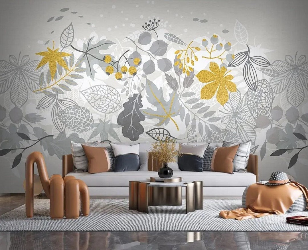 Floral Wallpaper Autumn Leaf Wall Art Yellow Leaves Wall Mural Gray