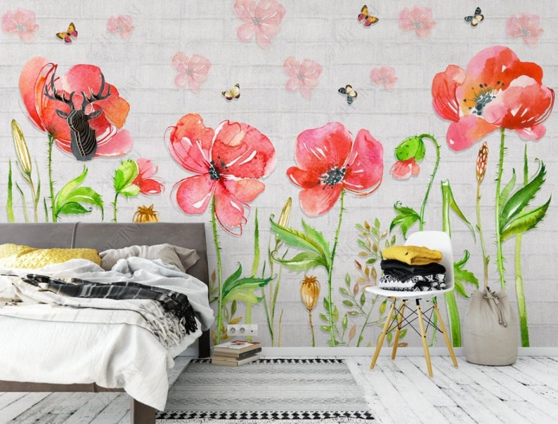 Popy Wallpaper Big Poppies Wall Mural Red Peel and Stick - Etsy