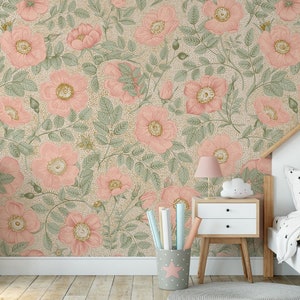 Floral Wallpaper Pink and Green Wall Mural Leaves Peel and Stick - Etsy