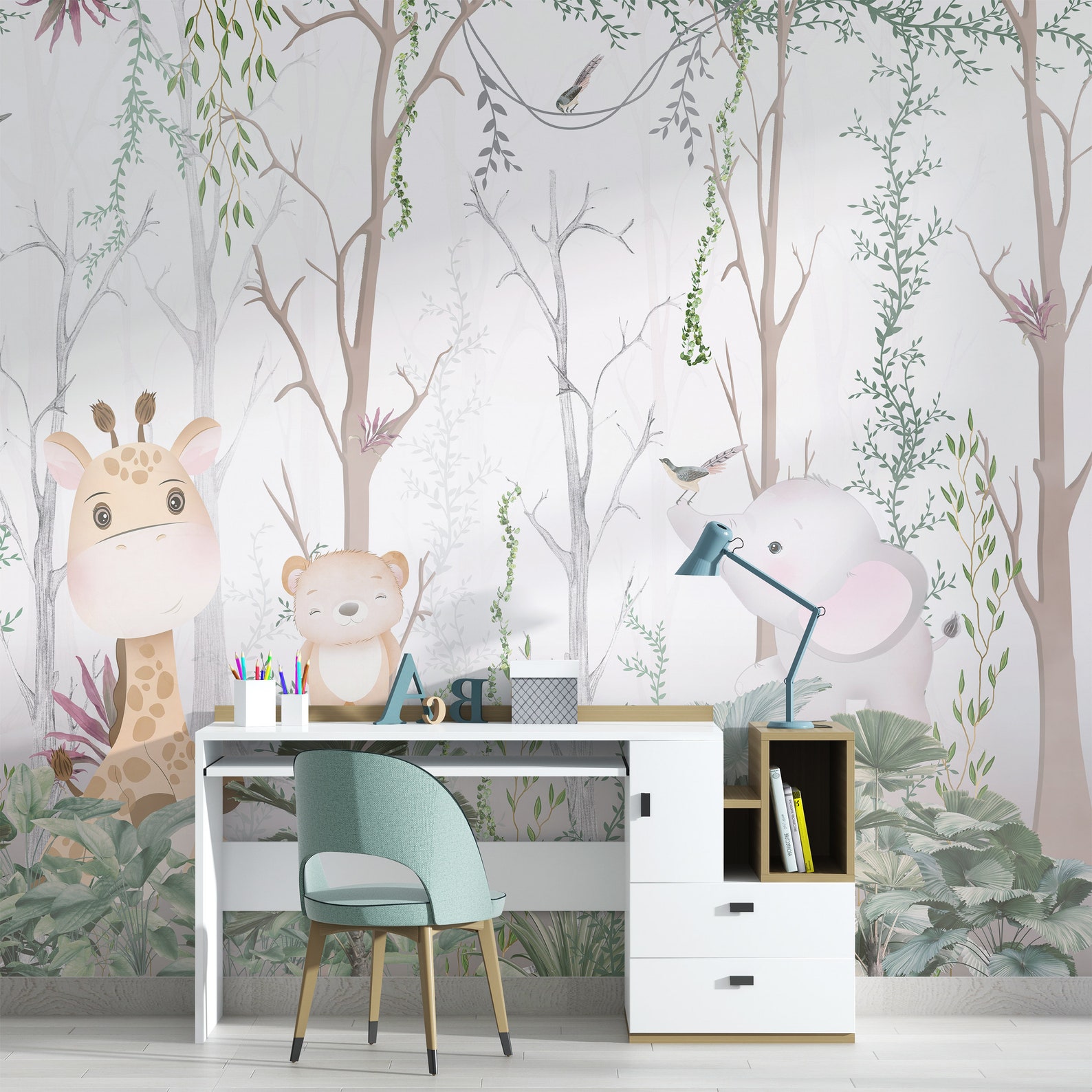 Woodland Wallpaper Cute Animals Wall Mural Watercolor Peel and Stick ...