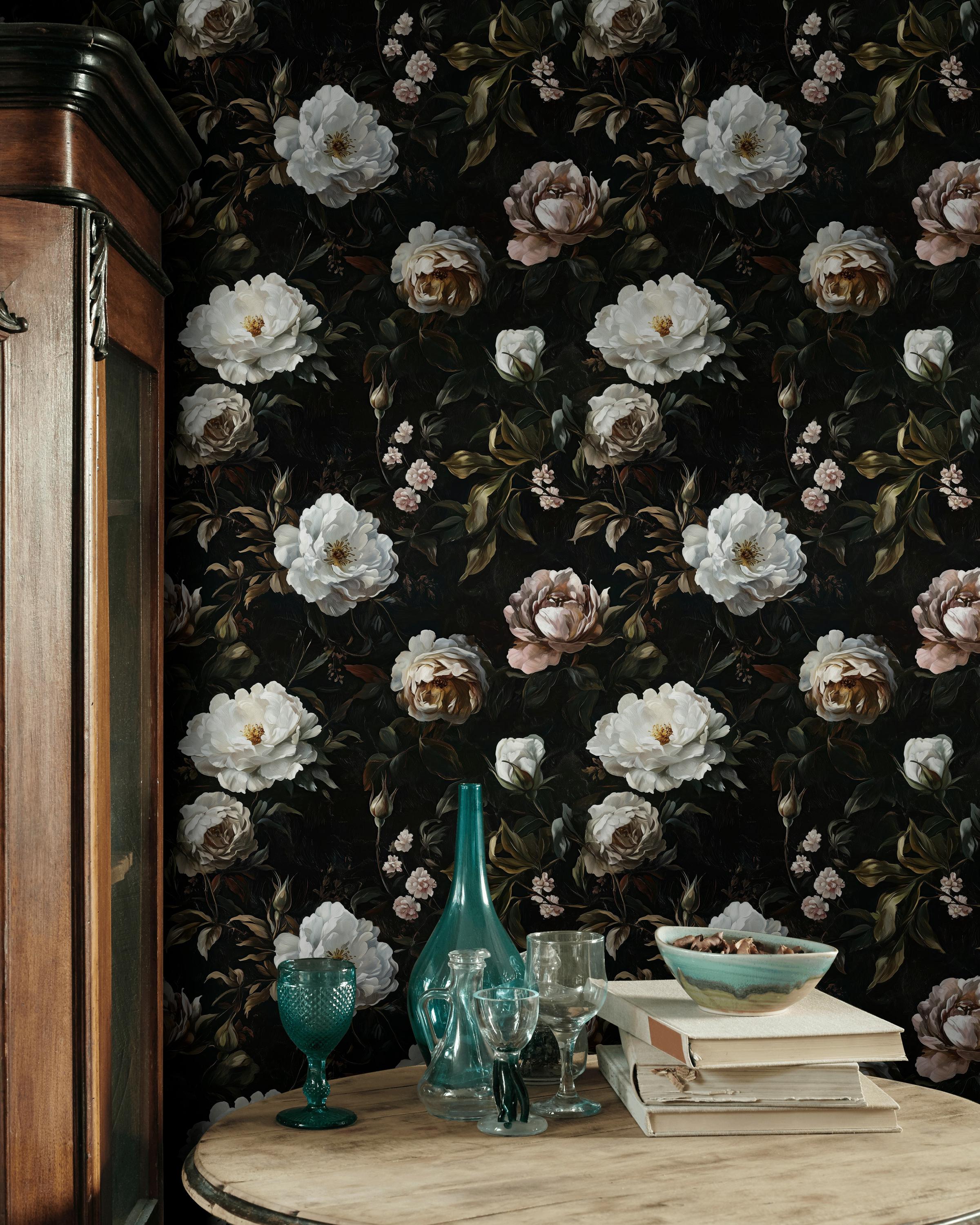 Dark Floral Wallpaper Peel and Stick Moody Vintage Rose Peony Wall ...