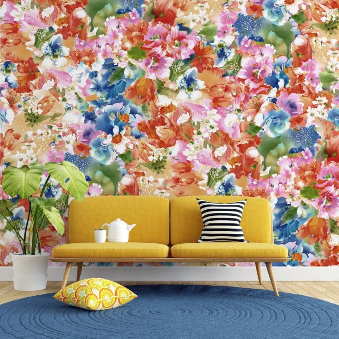 Colorful Flowers Wallpaper Floral Wall Mural Garden Peel and Etsy