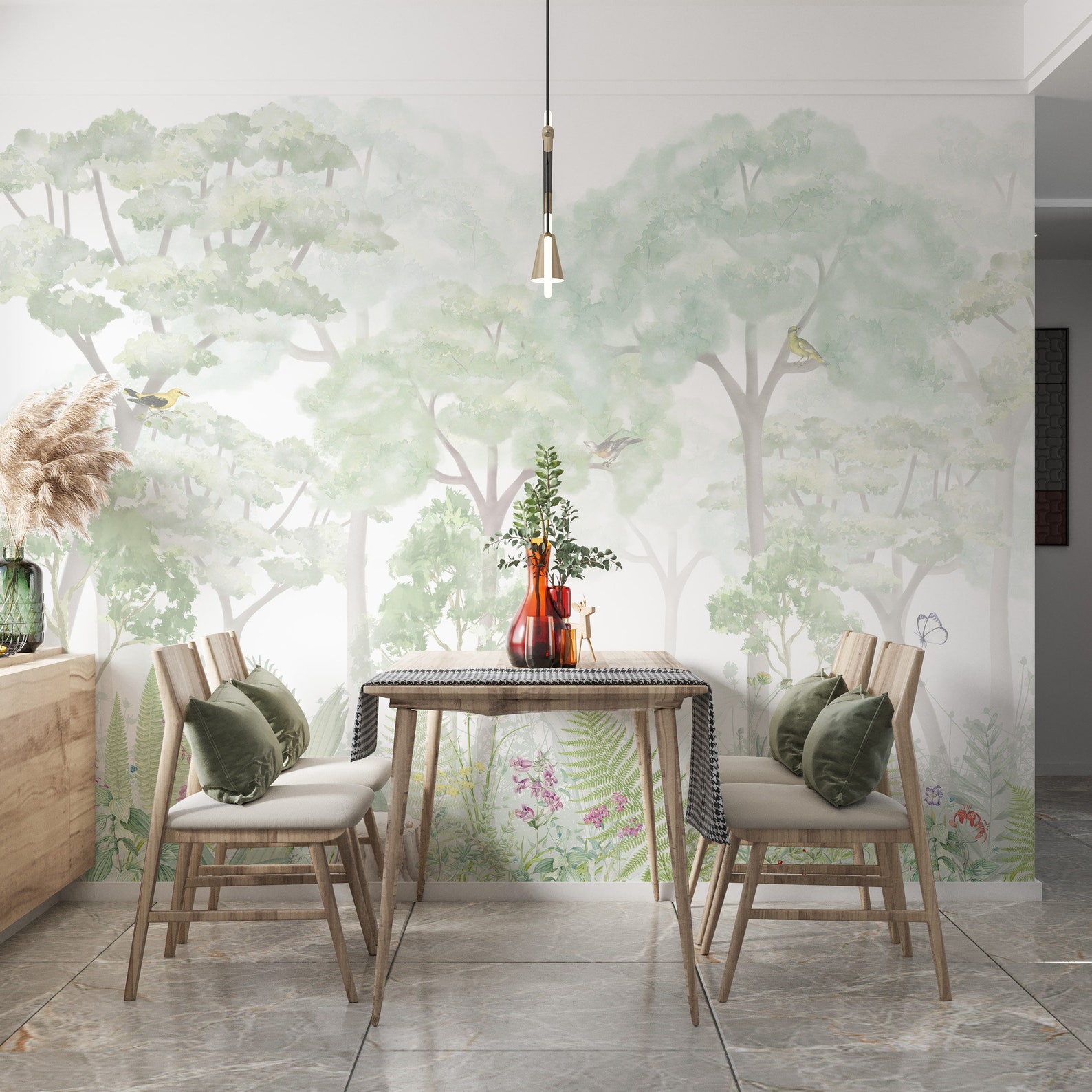 Misty Forest Wallpaper Foggy Wall Mural Watercolor Peel and Stick Trees ...