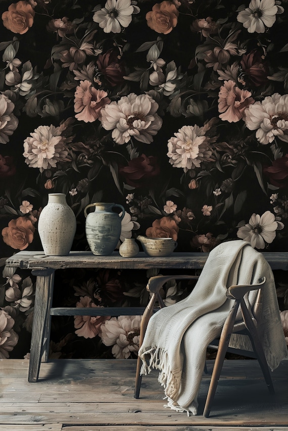 Vintage inspired Dark Floral Wallpaper Moody Still Life Flower Mural Elegant Black Background Peel and Stick Wall Decor Etsy