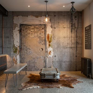 May include: An interior shot featuring a concrete bench with metal hairpin legs, a metal trunk on wheels, and a cowhide rug. The background includes a distressed concrete wall, exposed brick, and a hanging light fixture with a caged bulb.