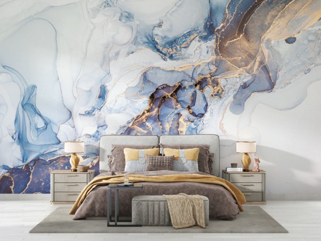 Luxury Marble Wallpaper Blue Liquids Peel and Stick Wall Mural Modern