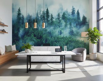 Foggy Forest Wallpaper: Pine Tree Landscape Peel and Stick Wall Mural