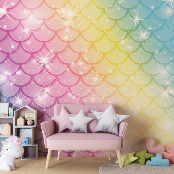 Mermaid Wallpaper Holographic Wall Mural Kawaii Wall Art Rainbow Peel and Stick