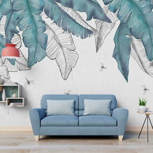 Tropical Leaves Wallpaper Banana Leaf Peel and Stick Dragonfly Wall Mural Exotic Wall Art Green Wall Decor