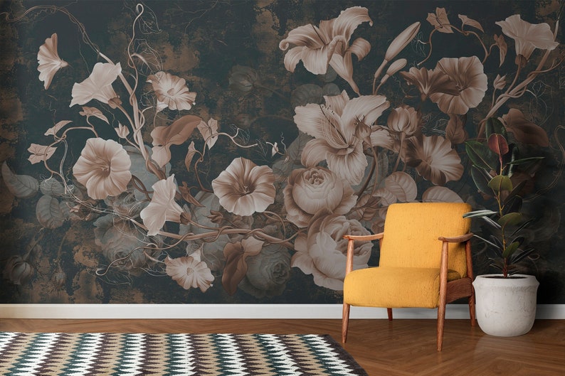 Flowers Wallpaper Peony Wall Mural Black Background Peel and Stick ...