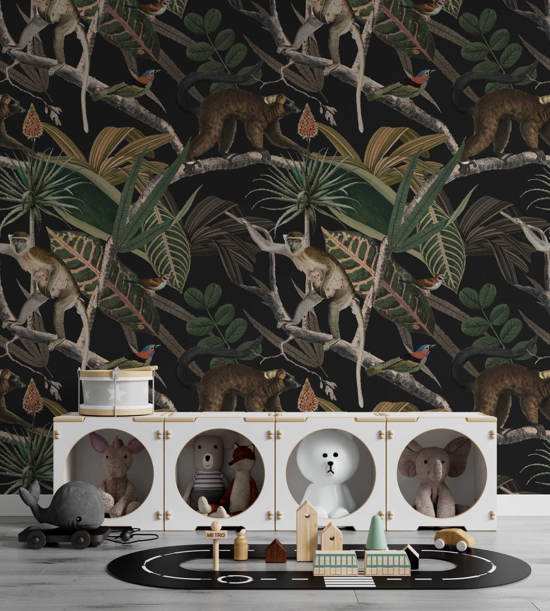 Jungle Wallpaper Wildlife Wall Mural Monkey Wall Art Lemur Etsy