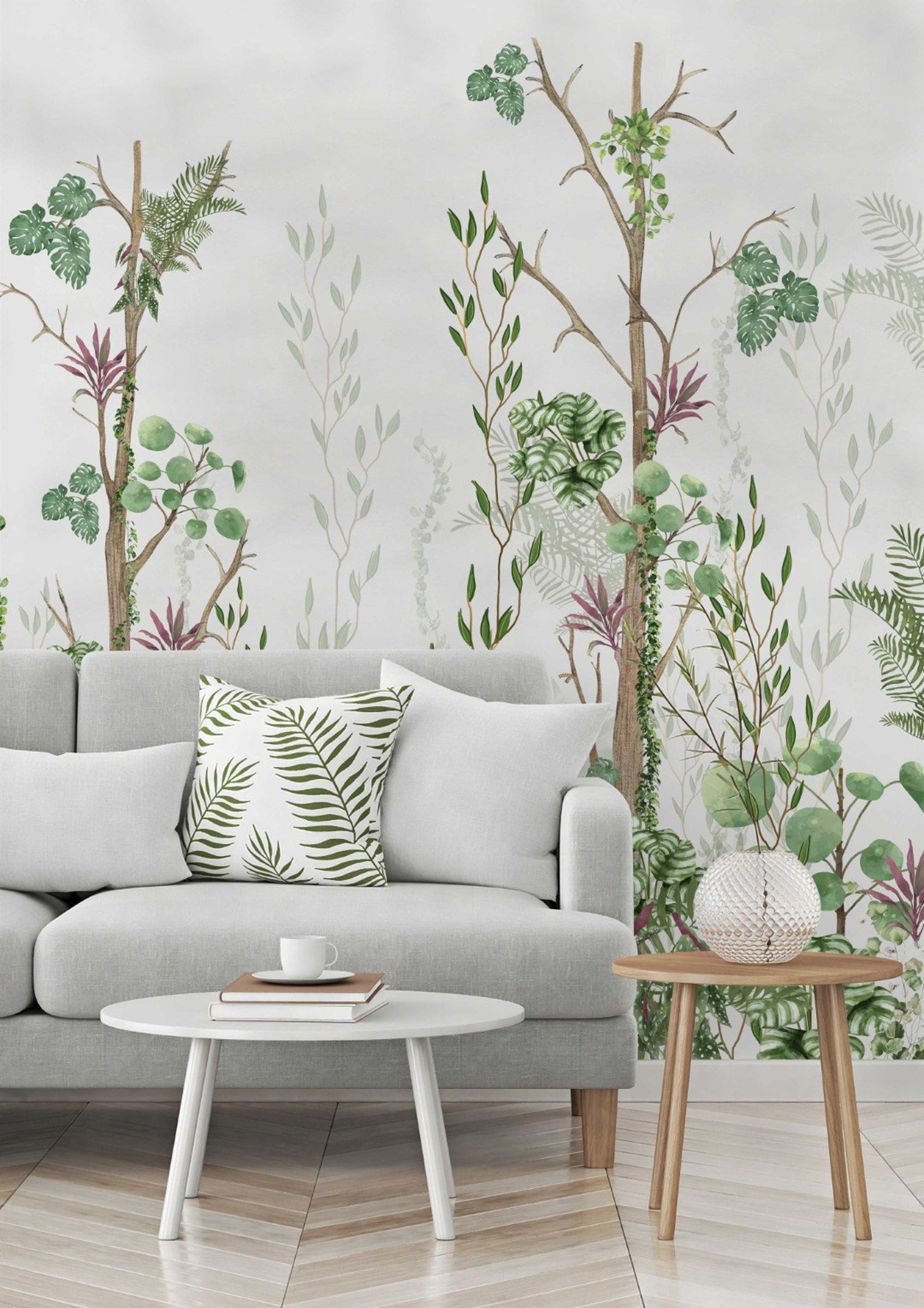 Tropical Trees Wallpaper Green Leaves Peel and Stick Botanic Leaf Wall ...