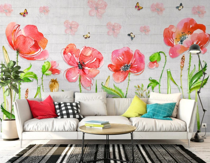 Popy Wallpaper Big Poppies Wall Mural Red Peel and Stick - Etsy