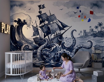 Bewolkte luchtbehang Piratenschip Peel and Stick Kraken verwijderbaar muurdecor