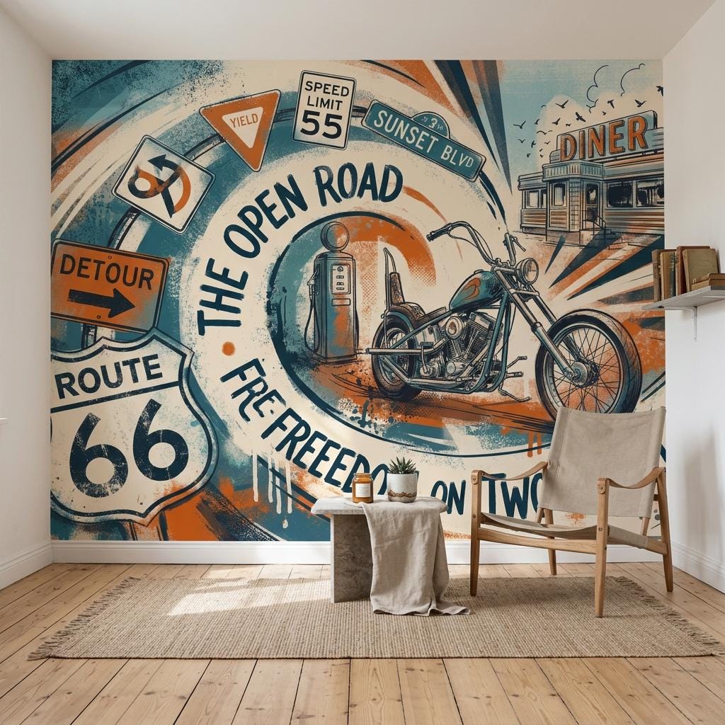 FordMotorCompany Route66 ヴィンテージ風 壁掛けアート Motorcycle Wallpaper Retro Route 66 Mural for Game Room - Etsy