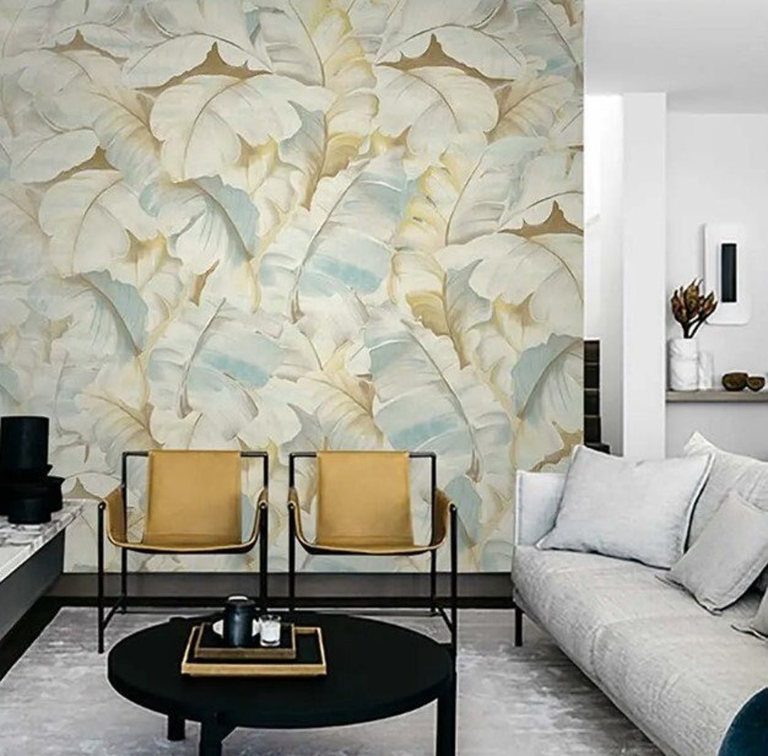 Tropical Leaf Wallpaper Yellow Leaves Wall Mural Pastel Wall Art