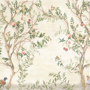 May include: A wallpaper design featuring a detailed illustration of a garden scene. The artwork depicts trees with winding branches, adorned with pink and yellow flowers, green leaves, and colorful birds. A pheasant and other birds are also visible.