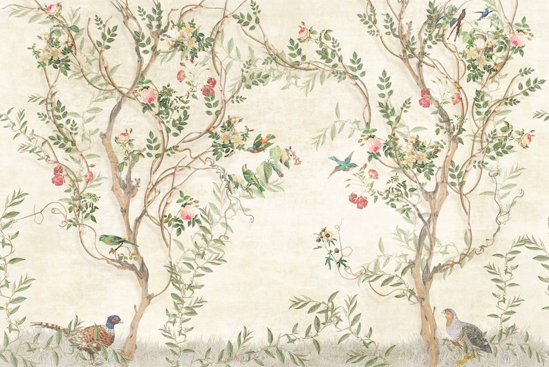 May include: A wallpaper design featuring a detailed illustration of a garden scene. The artwork depicts trees with winding branches, adorned with pink and yellow flowers, green leaves, and colorful birds. A pheasant and other birds are also visible.