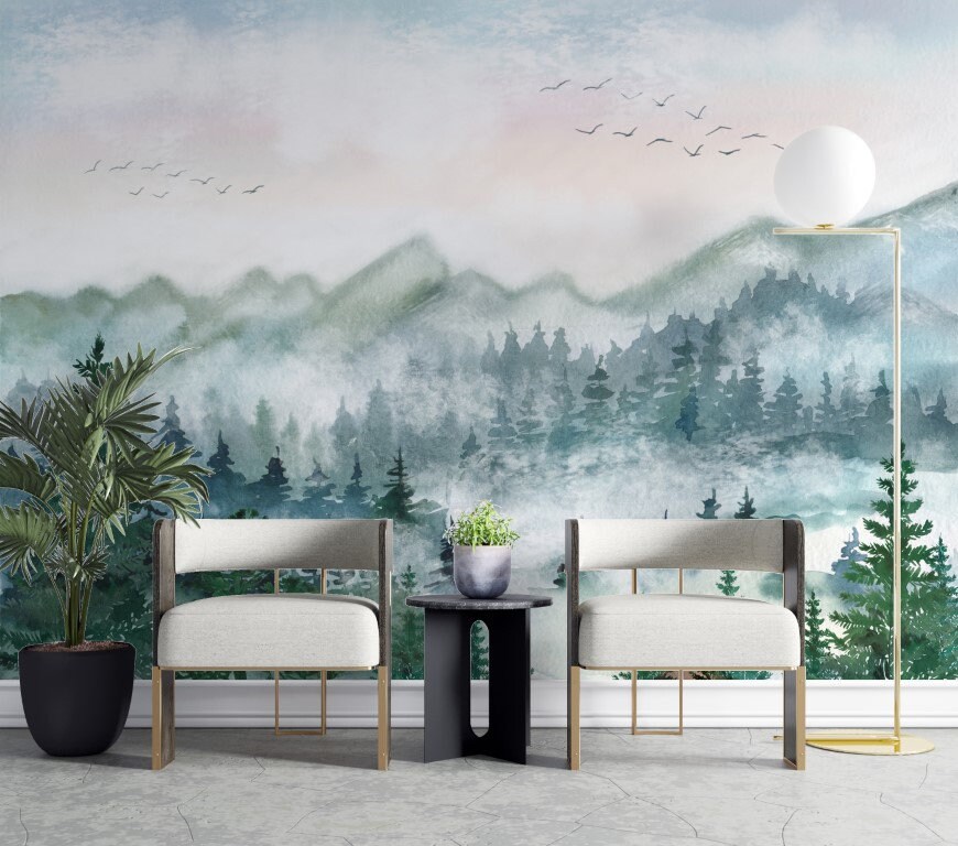Green Misty Forest Wallpaper: Nature Peel and Stick Wall Mural - Etsy