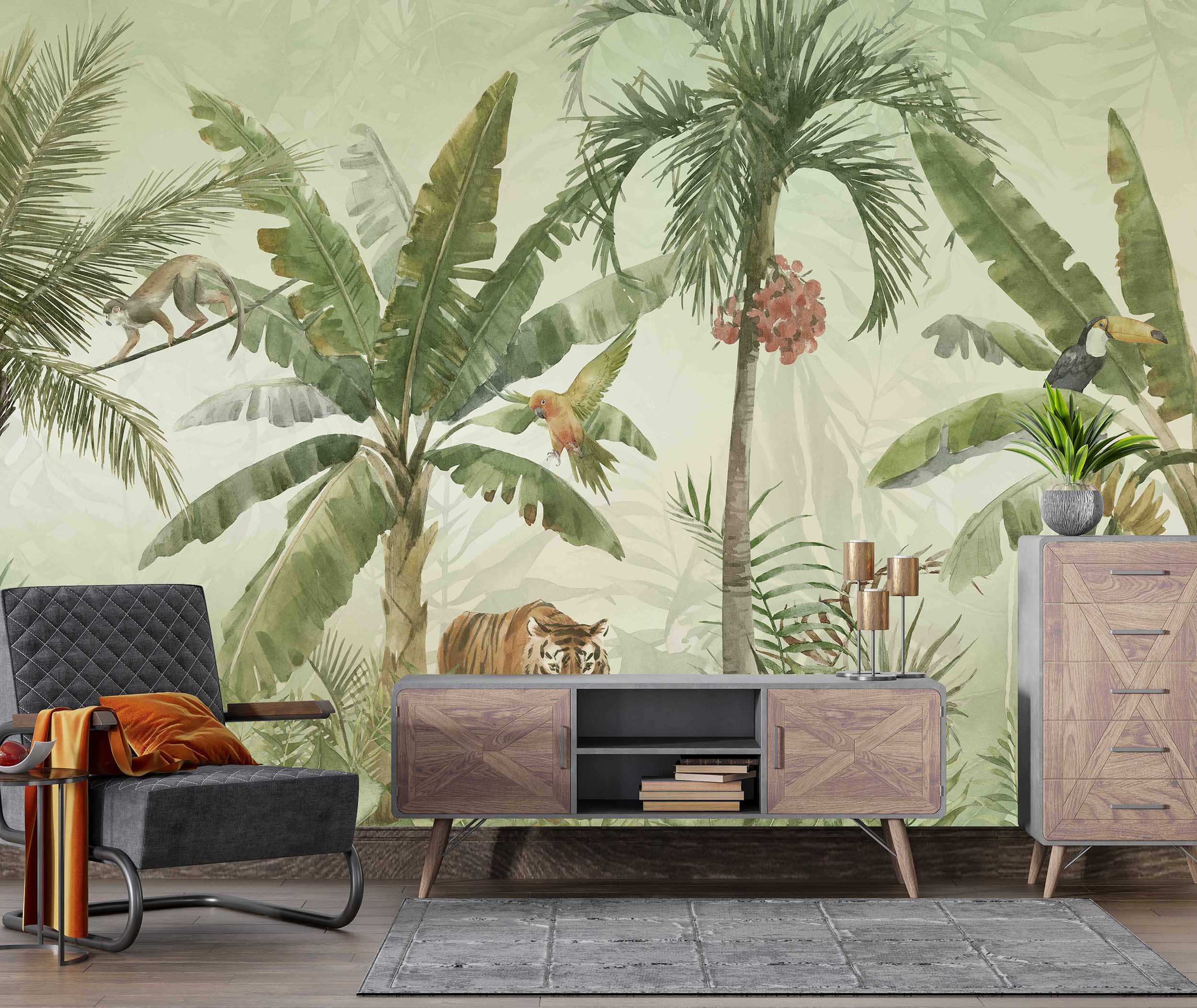 Jungle Wallpaper Palm Tree Wall Mural Tiger Wall Art Tropical Peel and ...