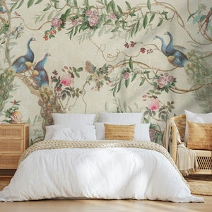 Pfau Tapete Chinoiserie Blumen-Wanddekor Beige Hintergrund PVC-Freier nicht geklebter Wandbild Blumenwandkunst