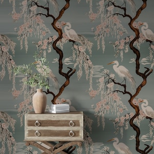 Japanische Kranich & Kirschblüten-Tapete | Elegantes Weiden-Wandbild