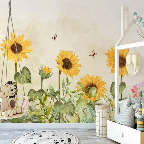 Vivid Colored Sunflowers Wallpaper Child Room Peel and Stick Wall Mural Nursery Wall Decor