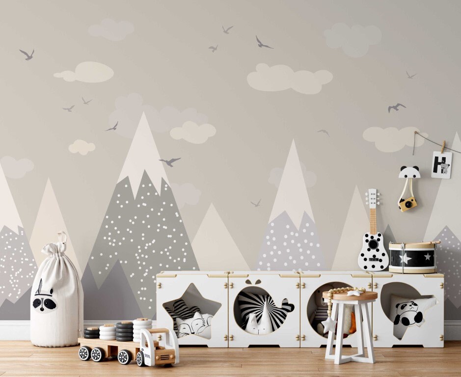 Snowy Wallpaper Mountain Wall Mural Nursery Peel and Stick Kids Wall ...