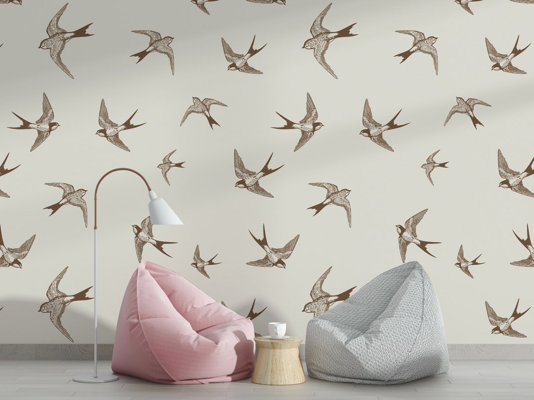 Flying Birds Wallpaper: Brown Bird Wall Mural, Beige Peel and Stick - Etsy