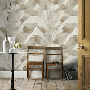 Carta da parati sottile con foglie di banana Carta da parati monocromatica beige con buccia e bastone Design botanico moderno per la decorazione domestica